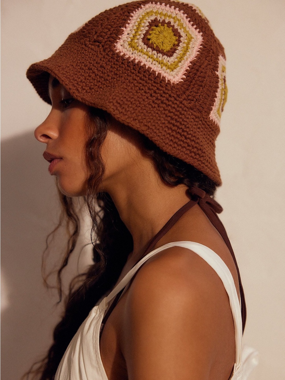 Free People Sofie Brown Crochet Bucket Hat with Multi Colored Squares